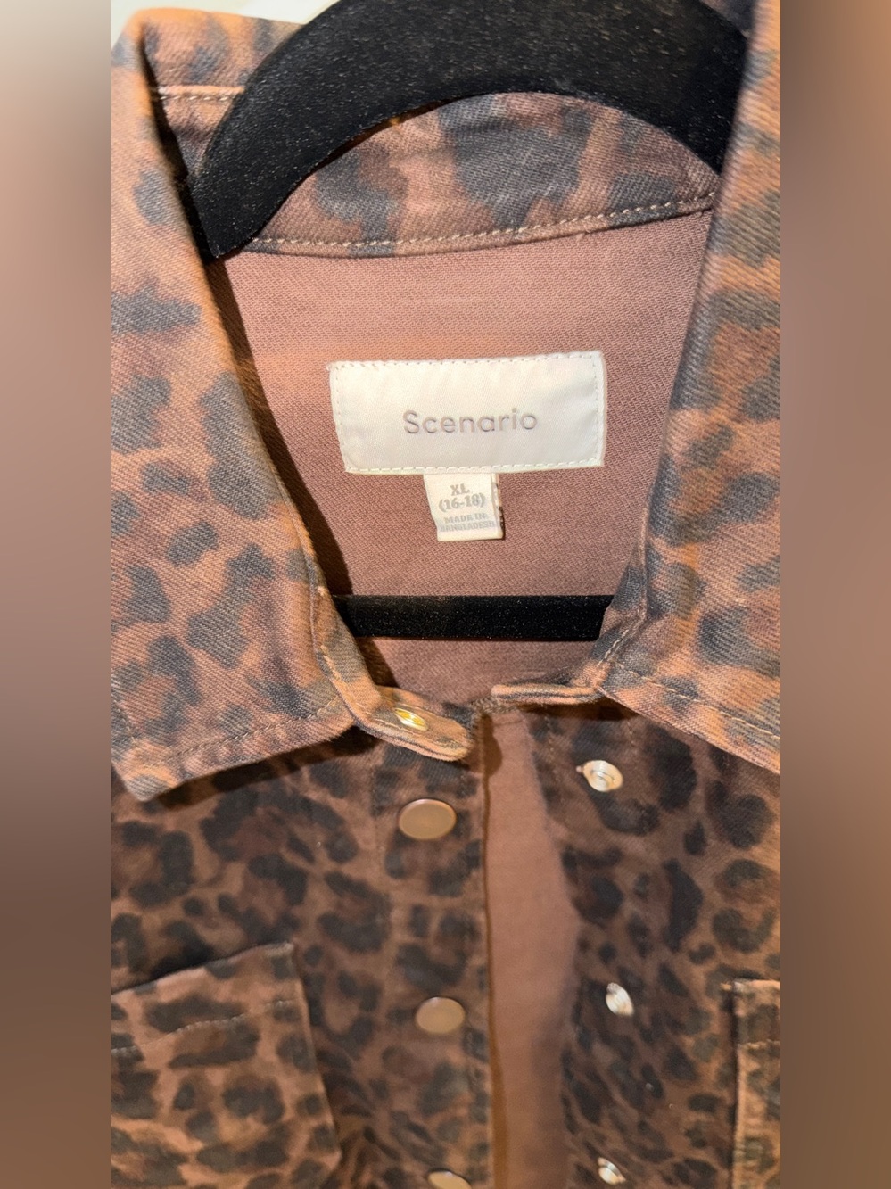Ladies Brown Leopard Print Button-Up Denim Jacket - Picture 3 of 5